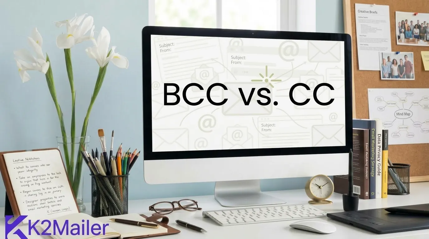 BCC vs CC in email explained on a desktop computer screen, showing subject and from fields for comparing carbon copy and blind carbon copy