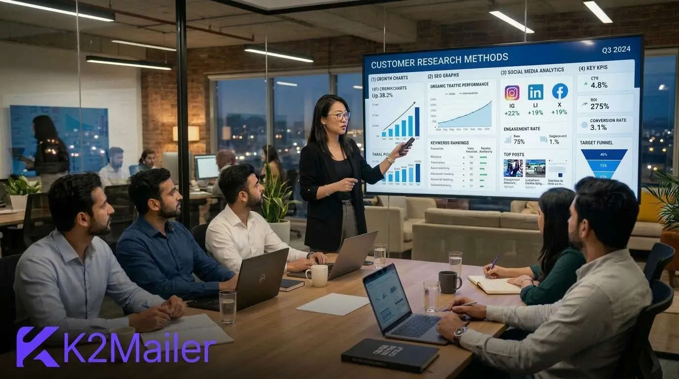 Customer research methods dashboard showing email ROI, audience insights, social analytics, and campaign KPIs