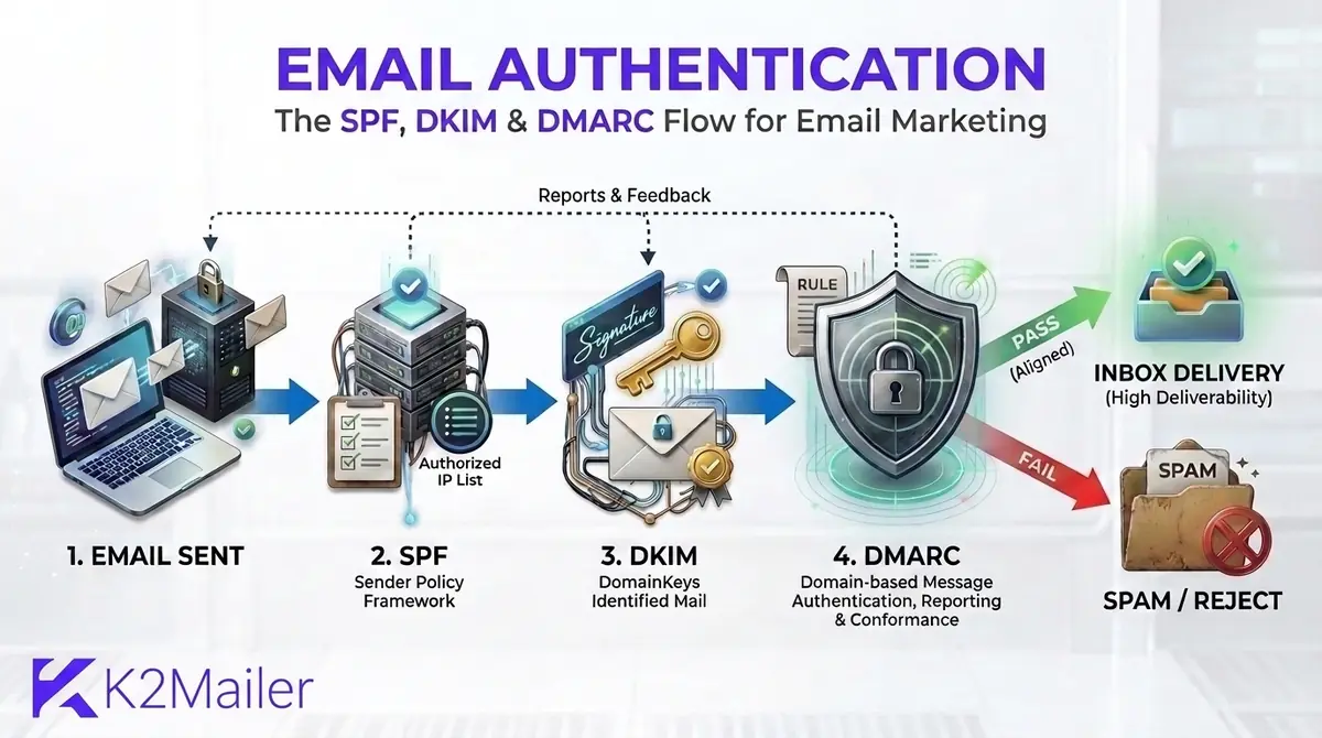 Email Authentication: The SPF, DKIM and DMARC Flow for Email Marketing Email authentication flow for email marketing: email sent, SPF authorized IP list check, DKIM signature and key check, then DMARC policy check that sends aligned mail to the inbox and failed mail to spam or reject, with the K2Mailer logo