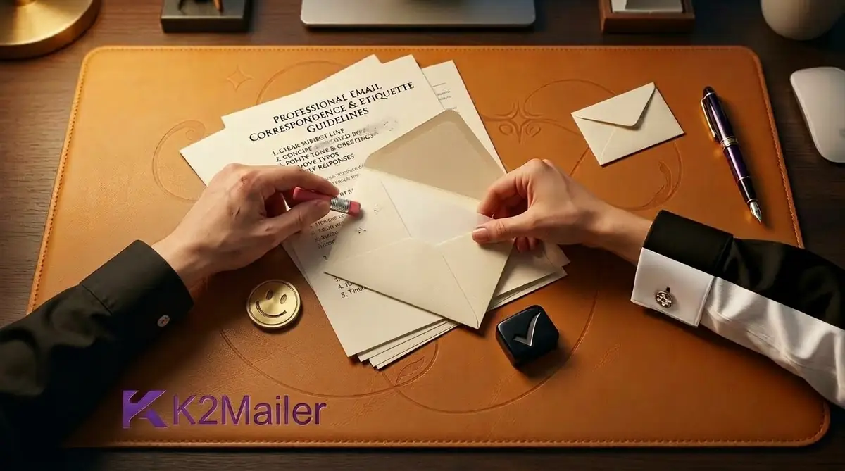Professional email etiquette workspace showing a business email, envelope, pen, and written email communication guidelines