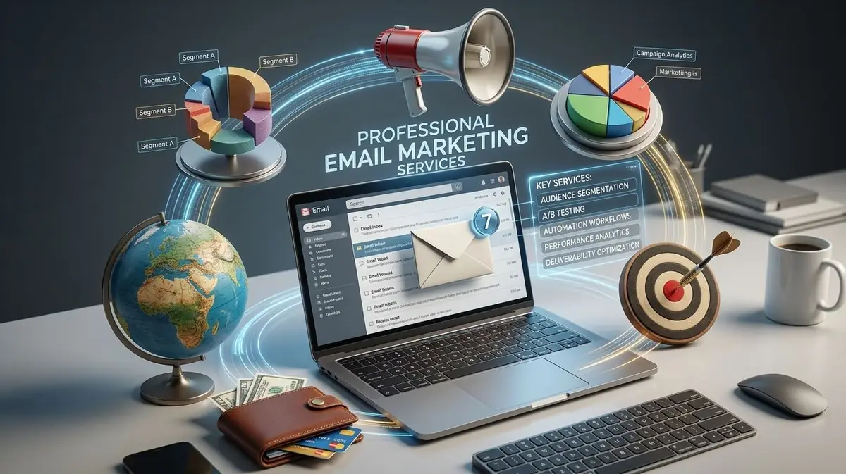 Email Marketing Service: Segmentation, Automation, and Analytics Professional email marketing service dashboard showing audience segmentation, A/B testing, automation workflows, deliverability optimization, and campaign performance analytics
