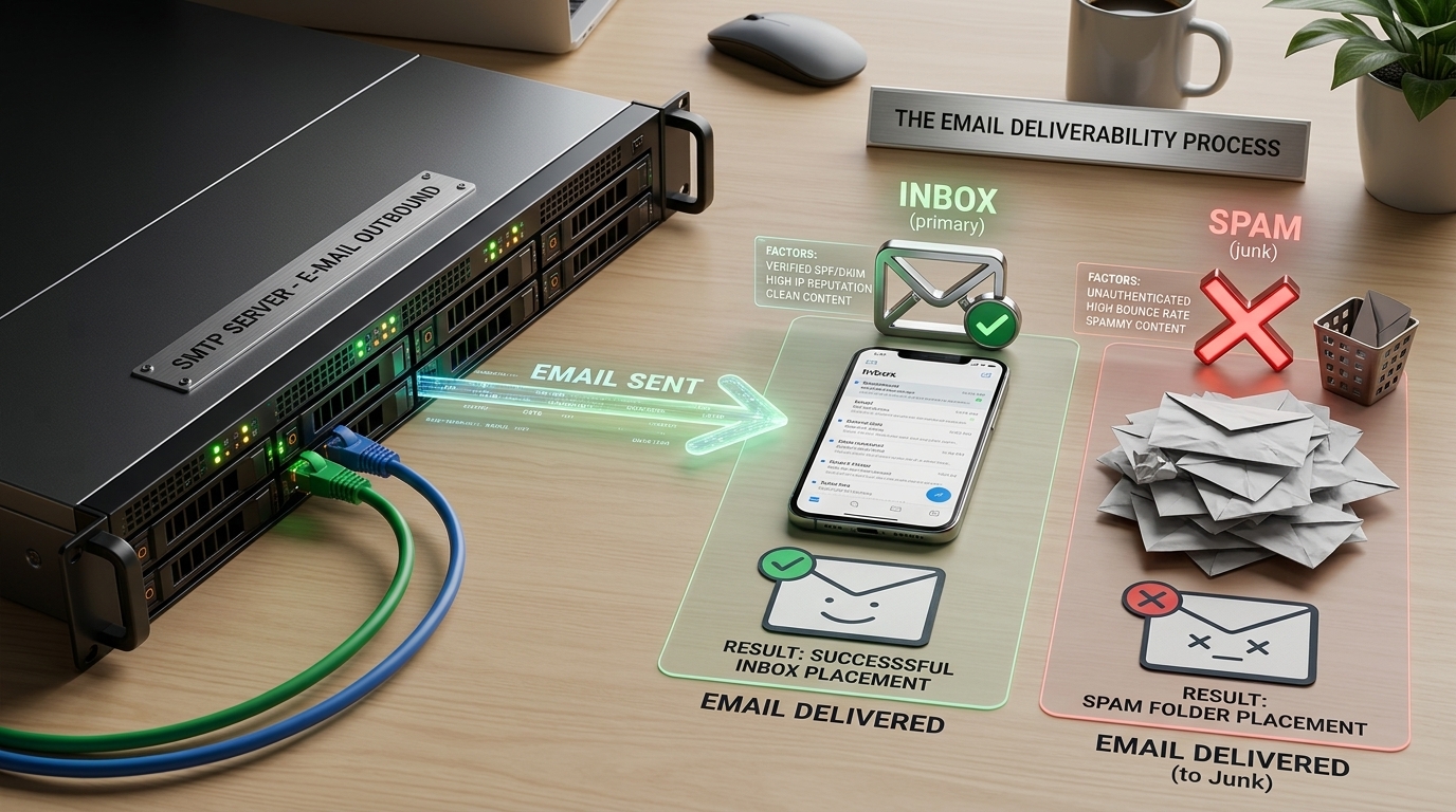 Email deliverability process showing an SMTP server, inbox placement factors, spam filtering, and successful email delivery