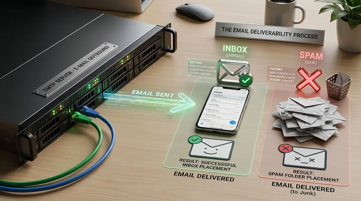 Email deliverability process showing an SMTP server, inbox placement factors, spam filtering, and successful email delivery